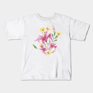 Hot Pink Watercolor Flowers and Leaves Kids T-Shirt